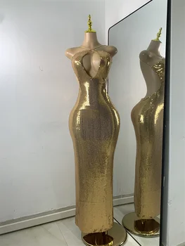 Luxury Sequins Gold Party Dress Women Sexy Halter Backless Evening Birthday Gown Hollow Out Celebrity Gala Music Festival Dress 1