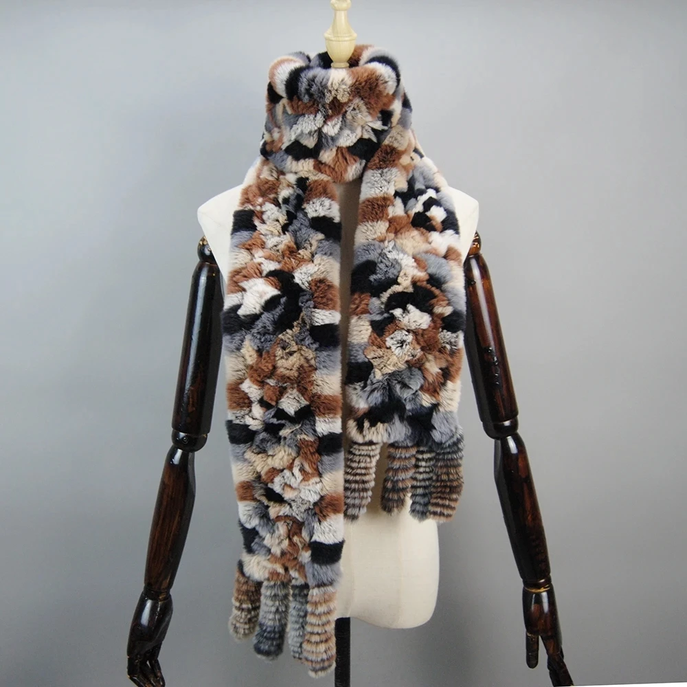 Long Style Women Winter Real Rex Rabbit Fur Scarf Natural Rex Rabbit Fur Scarves Lady Knitted Ring Scarves