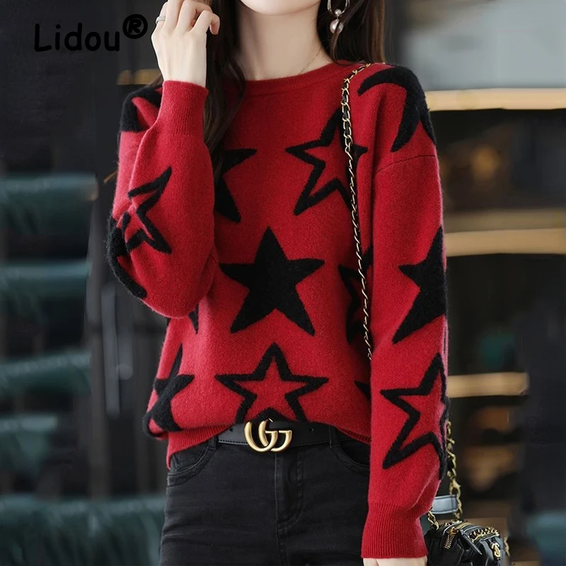 

Korean Autumn Winter Fashion Knitted Printed Spliced Loose Women's O Neck Sweater Casual Pullover Top All-match Commute Sweaters