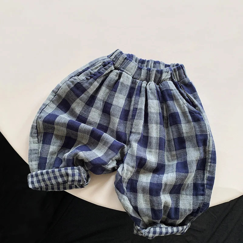 

Новинка 2023, весенне-осенние винтажные клетчатые брюки для маленьких мальчиков, Детские повседневные свободные шаровары в Корейском стиле для малышей, детская одежда