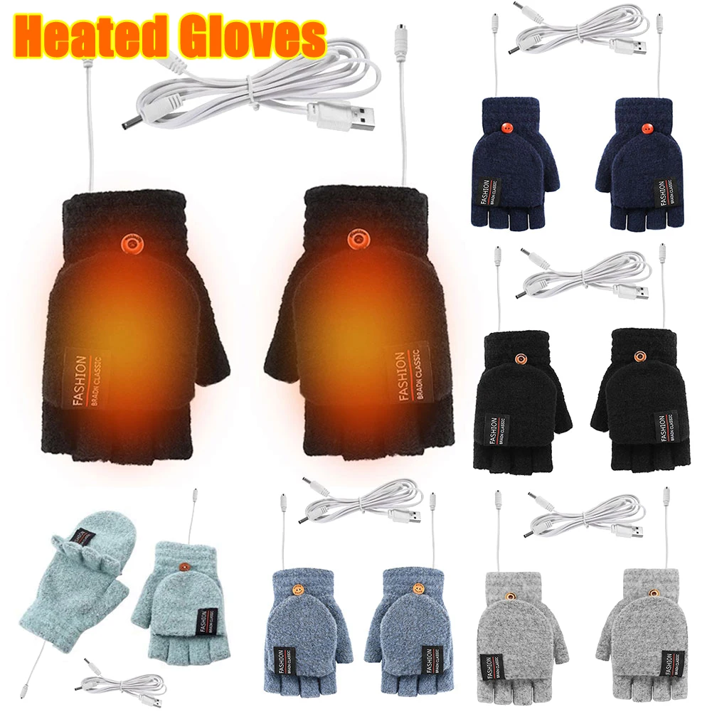 Gants chauffants électriques USB 5V, mitaines rechargeables, température réglable, demi-doigt complet, mains sans doigts, chauffe-hiver