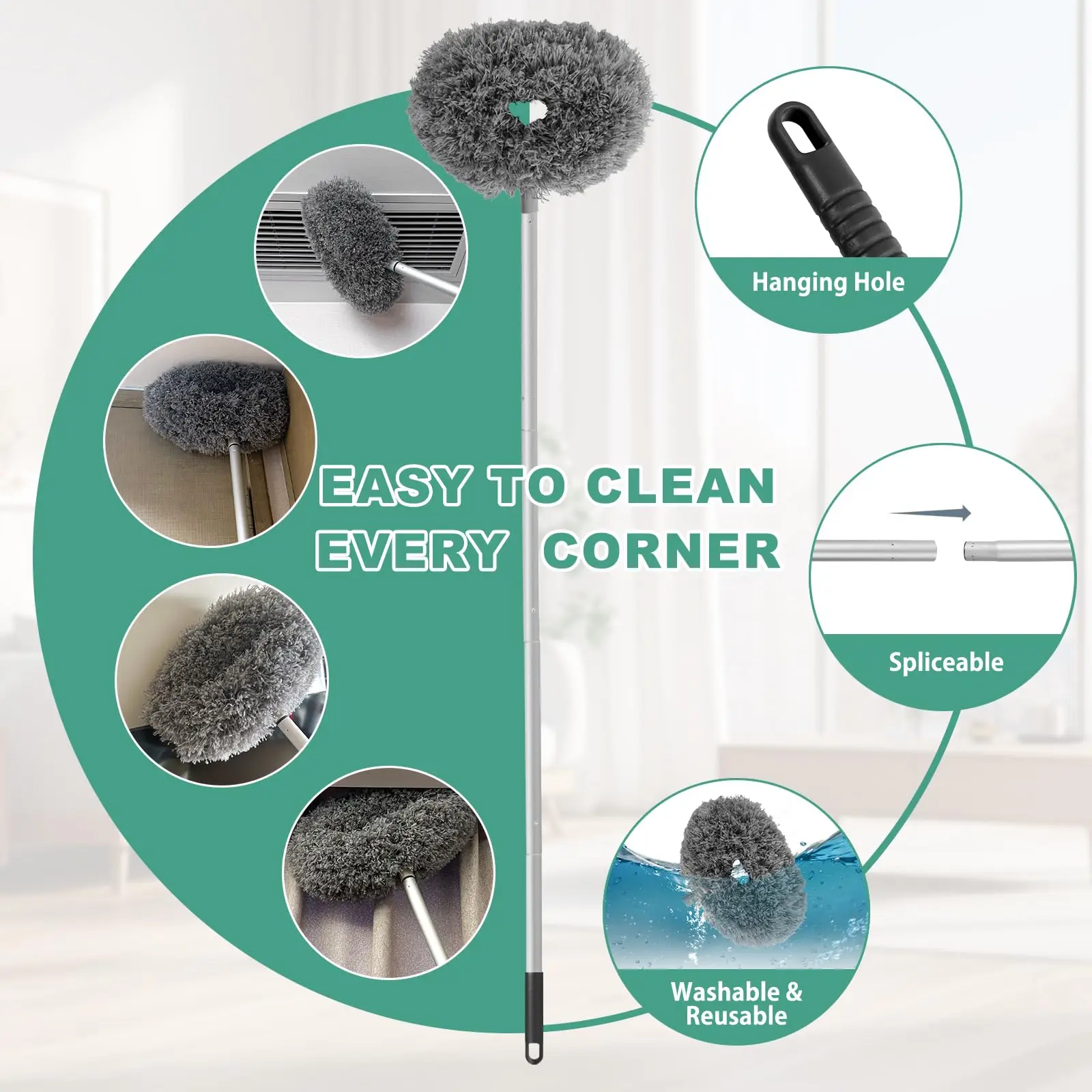 Ceiling Fan Cleaner Duster 1Set Reusable Microfiber with Extension Pole Adjusts 13 to 49.7 Inch