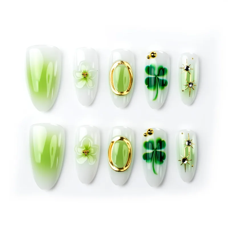 24개입 귀여운 그린 클로버 그라데이션 패턴 프레스온 네일 풀커버 3D 꽃 골든 스타 아몬드 모양 여성용 패션 네일
