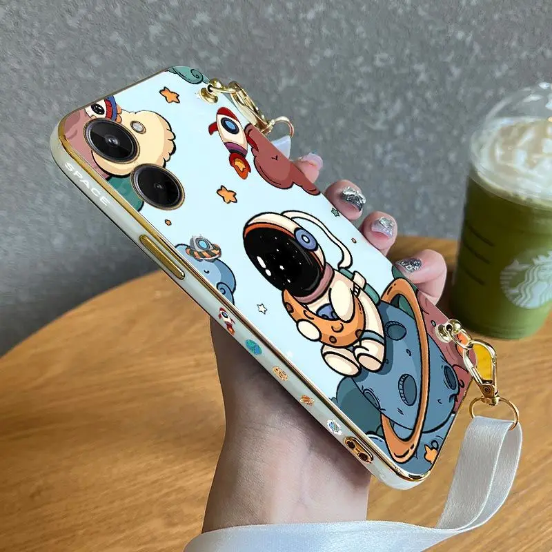 

Moon Astronauts Lanyard Plating Phone Case For OPPO Realme 10 9 9i 8 8i 7 7i 6 Pro Plus C31 C25 C35 C30 C25S C20 C21Y Cover