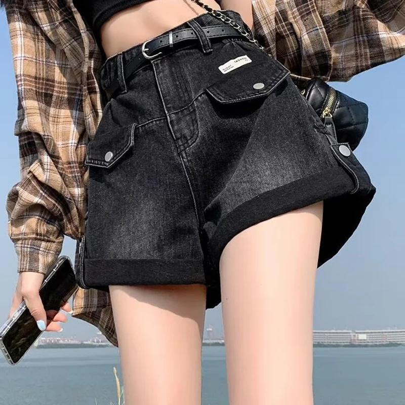 2024 여름 여성 반바지 바지 레이디 하이 웨이스트 루즈 하이 스트리트 데님 바지 여성 streetwear 블랙 그레이 와이드 레그 짧은 청바지