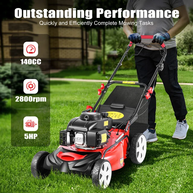 Self-Propelled Gas Lawn Mower 5HP 140CC, 20 Inch Cutting Width with 60L Grass Bag, 8 Height Adjustable 4-Stroke Engine 2 Self-Propelled Gas Lawn Mower 5HP 140CC, 20 Inch Cutting Width with 60L Grass Bag, 8 Height Adjustable 4-Stroke Engine 2