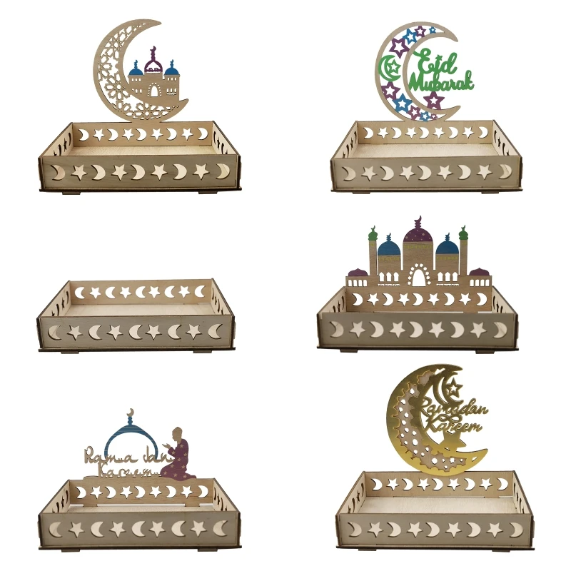 

2023 New Eid Mubarak Decor Wooden Serving Tray Moon Star Dessert Food Tray Islamic Muslim