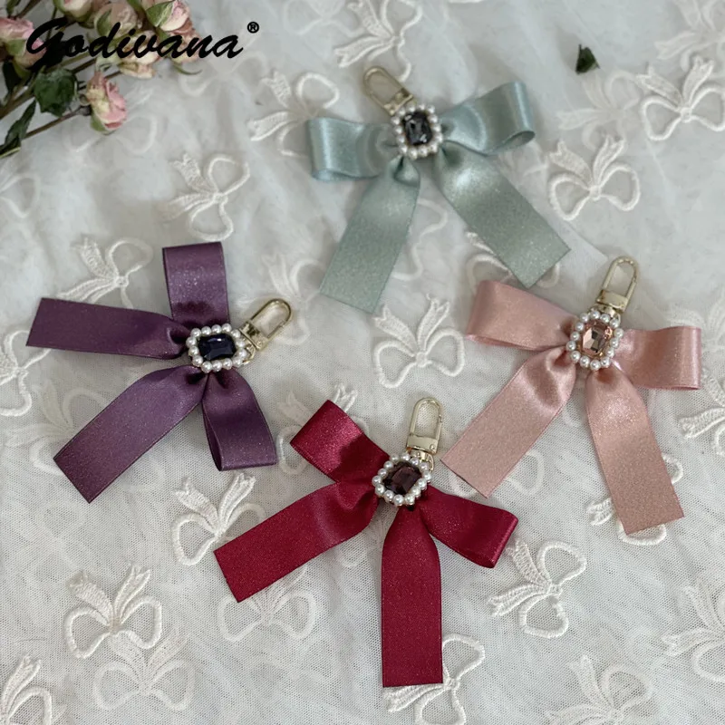 Japanese Style Pearl Rhinestone Ribbon Bowknot Bag Pendants Key Ring Hanging Ornament Girl Women's Cute Bag Charms