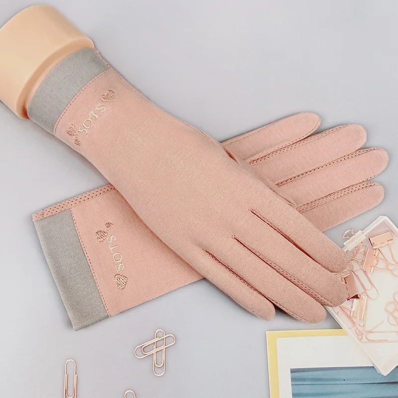 Summer Sunscreen Gloves Women's Cotton Mesh Breathable Letter Embroidery Full Finger Nonslip Touch Screen Driving Mittens K90 8