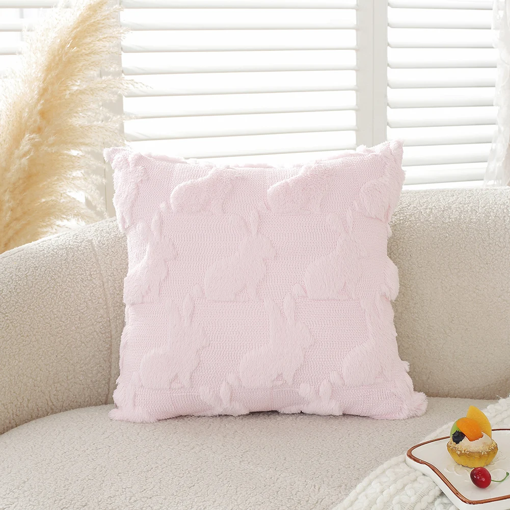 Easter Rabbits Throw Pillow Cover 45x45cm Plush Rabbit Jacquard Pillowcase Bunny Faux Fur Pillow Case for Home Decor