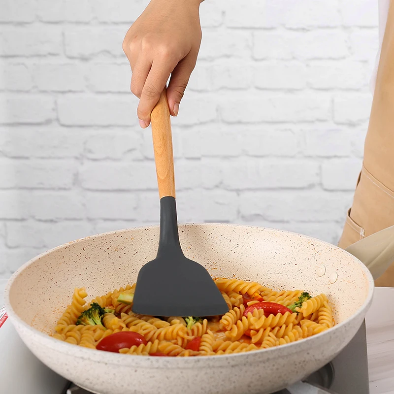 Kitchen Utensils 1Pcs Silicone Wood Handle Gray Spatula, Soup Spoon, Spatula, Spaghetti Noodle, Kitchen Cooking Tools, Kitchen Utensils Tableware
