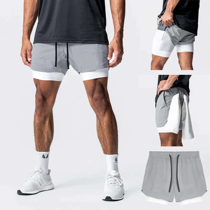 

2023 High quality summer new sports double layered 2-in-1 men's shorts with built-in pockets and multifunctional exercise capris