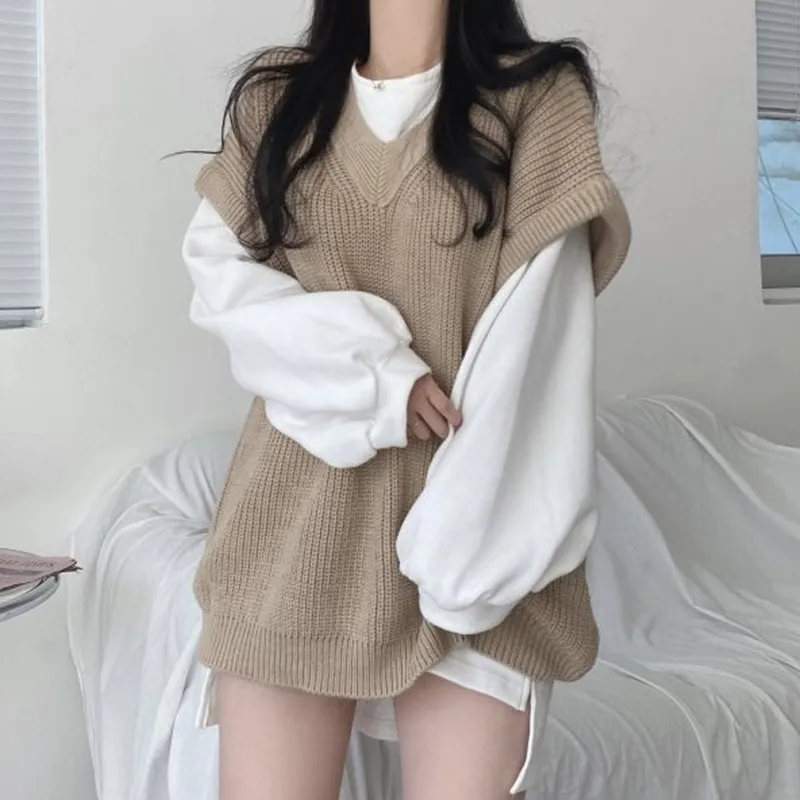 Korean Fashion Casual Two Piece Set Women Elegant Loose Sweatshirt Tops + Knitted Vest Vintage Ensemble Femme 2 Piece Outfits