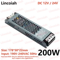 Ultra-Thin LED Strip Power Supply Adapter - Versatile DC 12V/24V, 5A-12A, 60W-400W - 24V (200W)