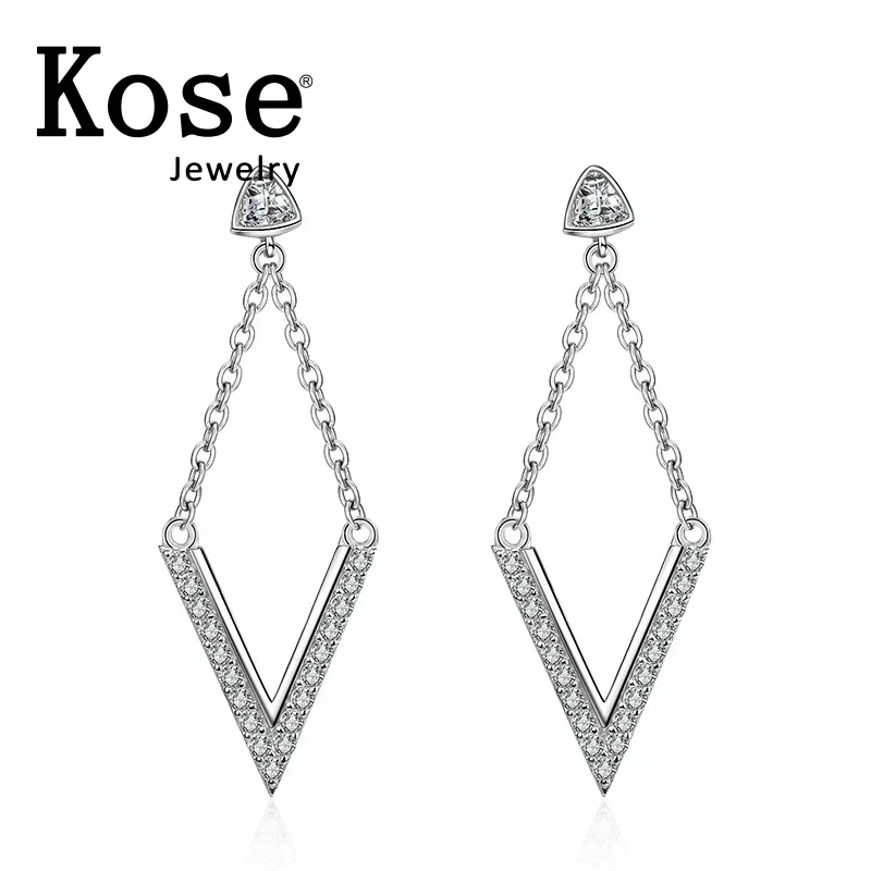 

KOSE Charms V Shape Earrings for Women Modern Simple Real CZ Zircoia 925 Silver Art Statement Earring