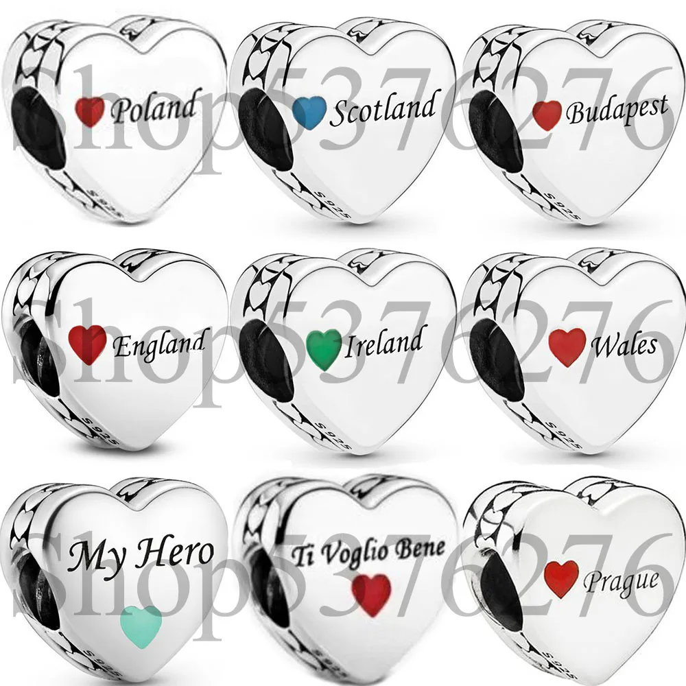 

Real 925 Sterling Silver Bead England Ireland Poland My Hero Love Heart Charm Fit Pandora Women Bracelet Bangle Gift DIY Jewelry