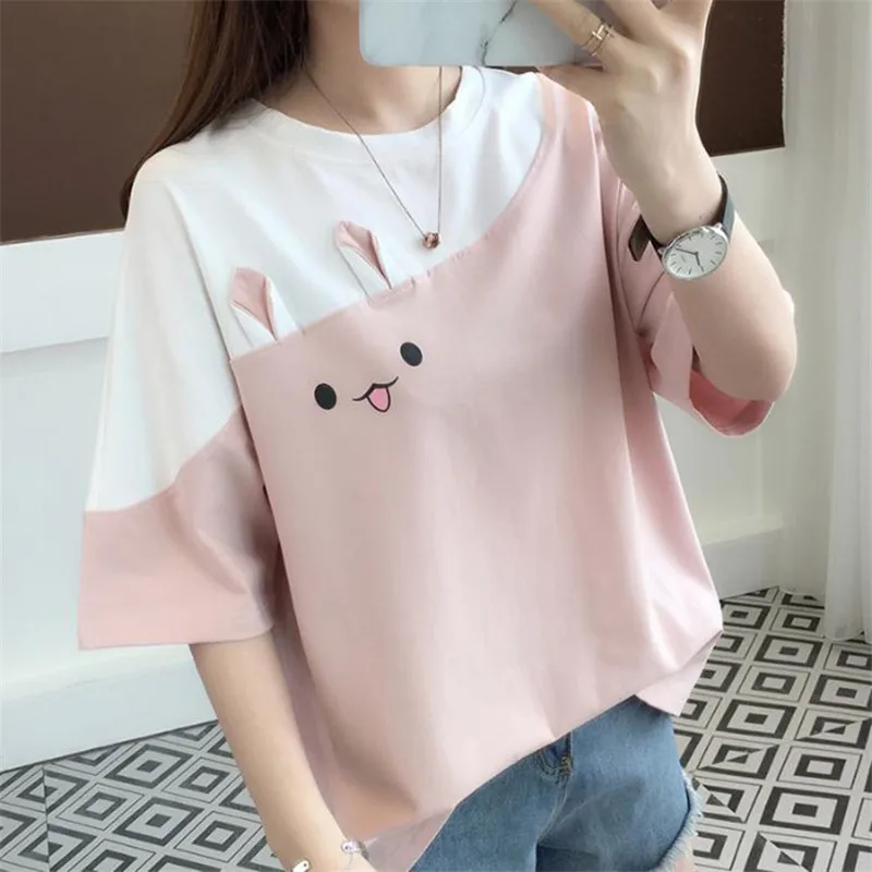 

Korean fashion Girl Kawaii T-shirts y2k Loose Women Cute Tops T Shirt White Pink O-neck Fashion Tshirt Summer 2023 Casual Tops