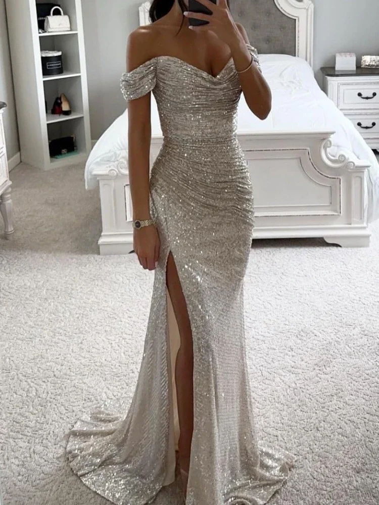 Sexy High Split Cocktail Vestidos Luxury Sequin Design Robe 2024 New Fashion Popular Slash Neck Slim Mermaid Evening Dresses