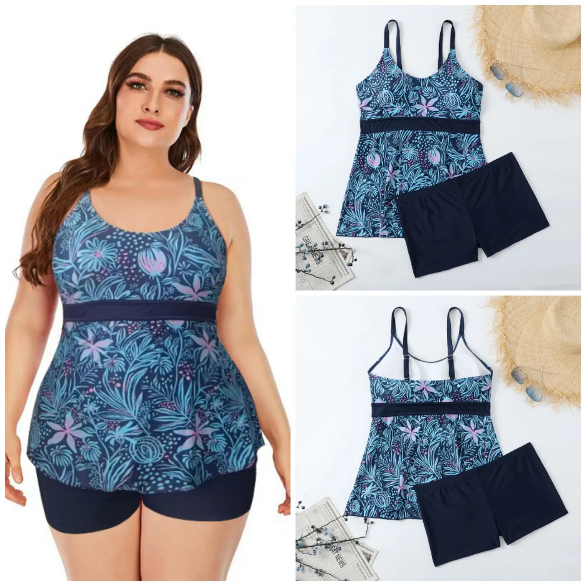 

2023 Large Print Swimwear Women Plus Size Tankini Separate Boxer Swimsuit 2 Piece High Waist Bikini Set Bathing Suit