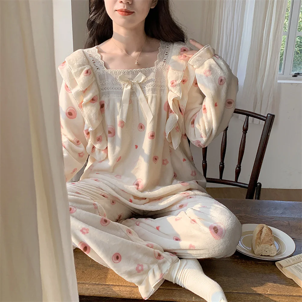 

Симпатичная кружевная плотная теплая домашняя пижама в стиле принцессы для девочек пуловер с длинным рукавом и принтом с бантом + флисовые штаны 2 шт. женская пижама