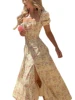 Elegant Women's Maxi Dress with Puff Sleeves Lace-Up Detail Floral Print and High Side Split for a Stylish Look 5