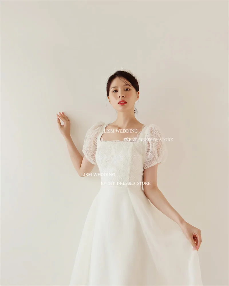 LISM Elegant A-Line Korea Wedding Dresses Photo Shoot Lace Square Collar Tulle Floor Length Corset Back Bridal Gowns Custom 3