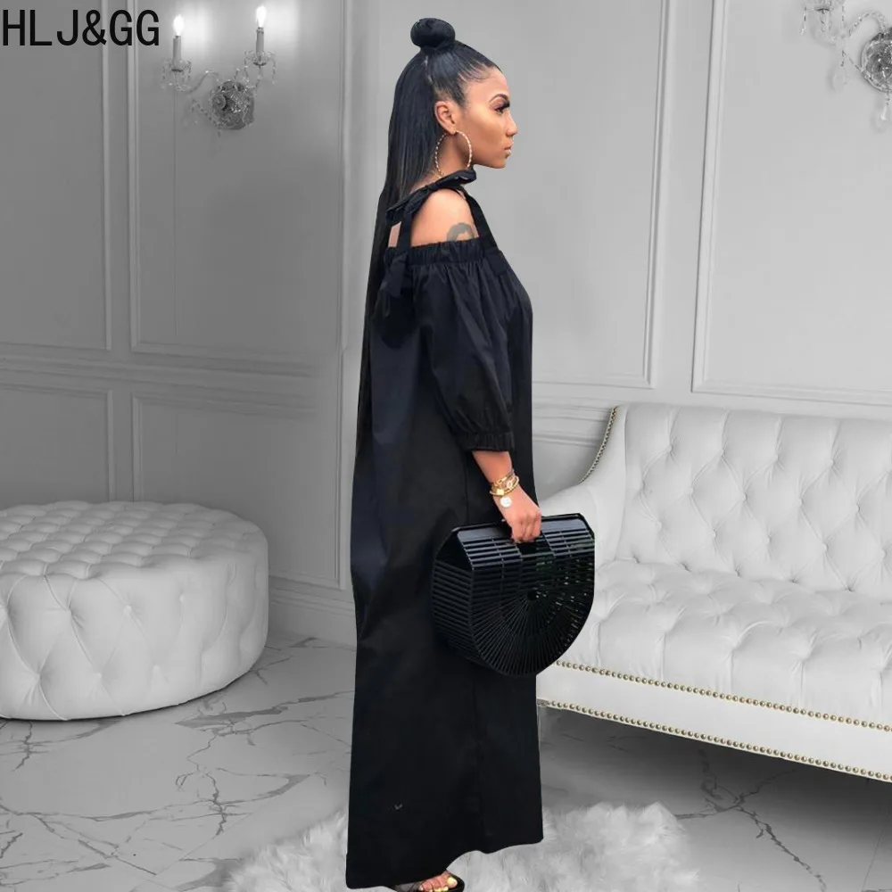 HLJ&GG Black Casual Off Shoulder Loose Wide Leg Pants Jumpsuits Women Strap Long Sleeve Playsuits Autumn Female Solid Overalls