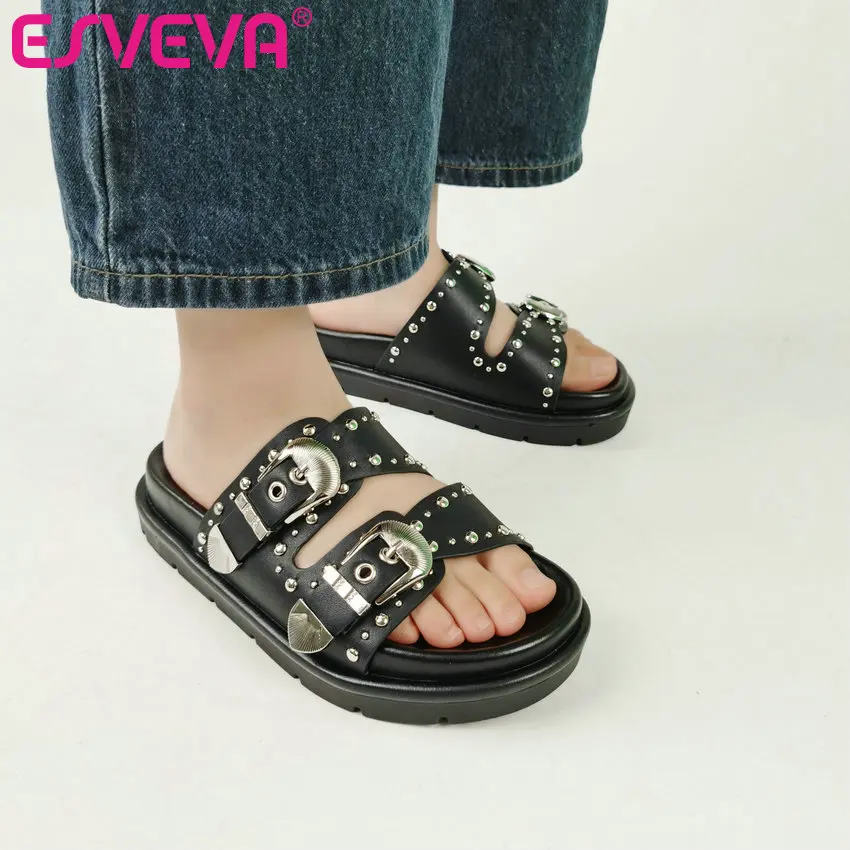 ESVEVA Women Sandals Shoes Fashion Genuine Leather Low Heels Slingback Platform Woman Casual Rivet Slippers Size 34-40