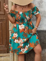 Plus Size Summer Elegant Women's Floral Print Dress Casual Vacation Vintage Off the Shoulder Dresses - Image 3
