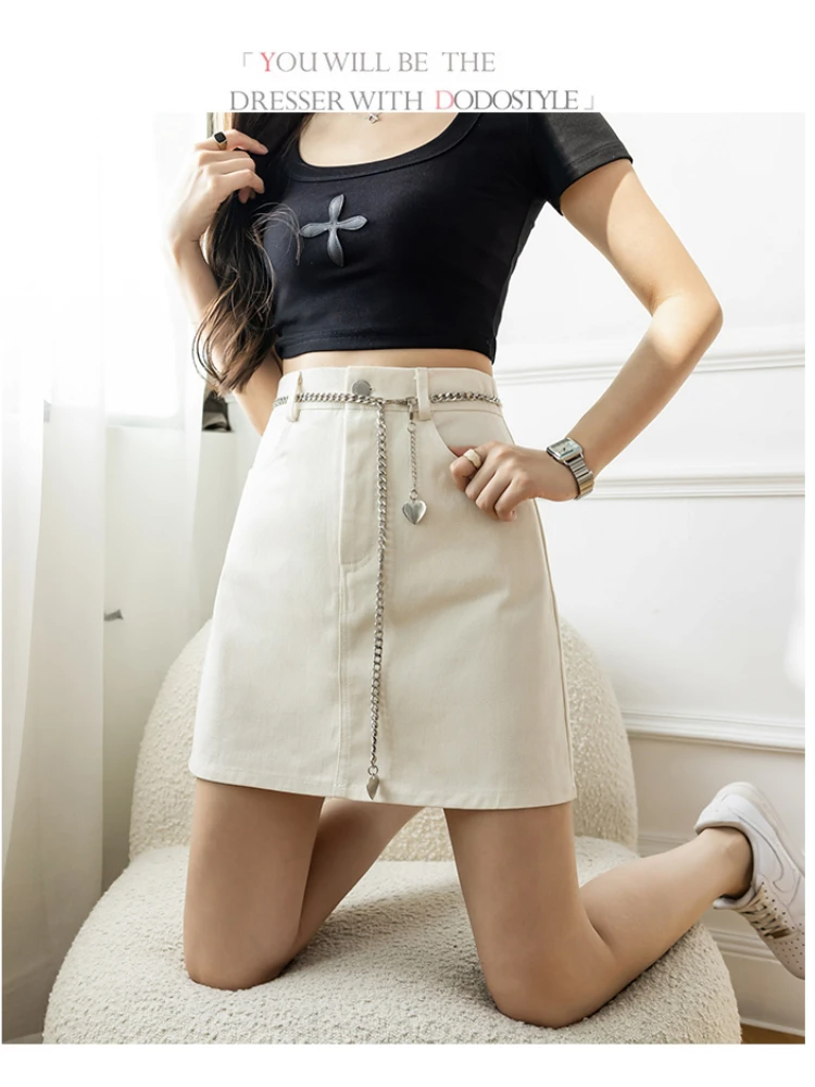 2022 Retro Green Mini Skirt Women's Summer 2022 New Fashion High Waist A-line Skirt Female Solid All Match Chain Faldas Mujer