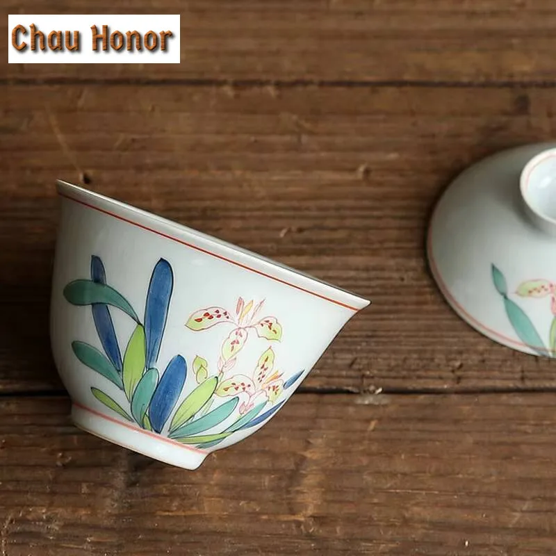 150ml Japanese Underglaze Color Hand-painted Iris Flower Gaiwan Ceramic Kung Fu Tea Set Tea Ceremony Drinkware Customized Gift