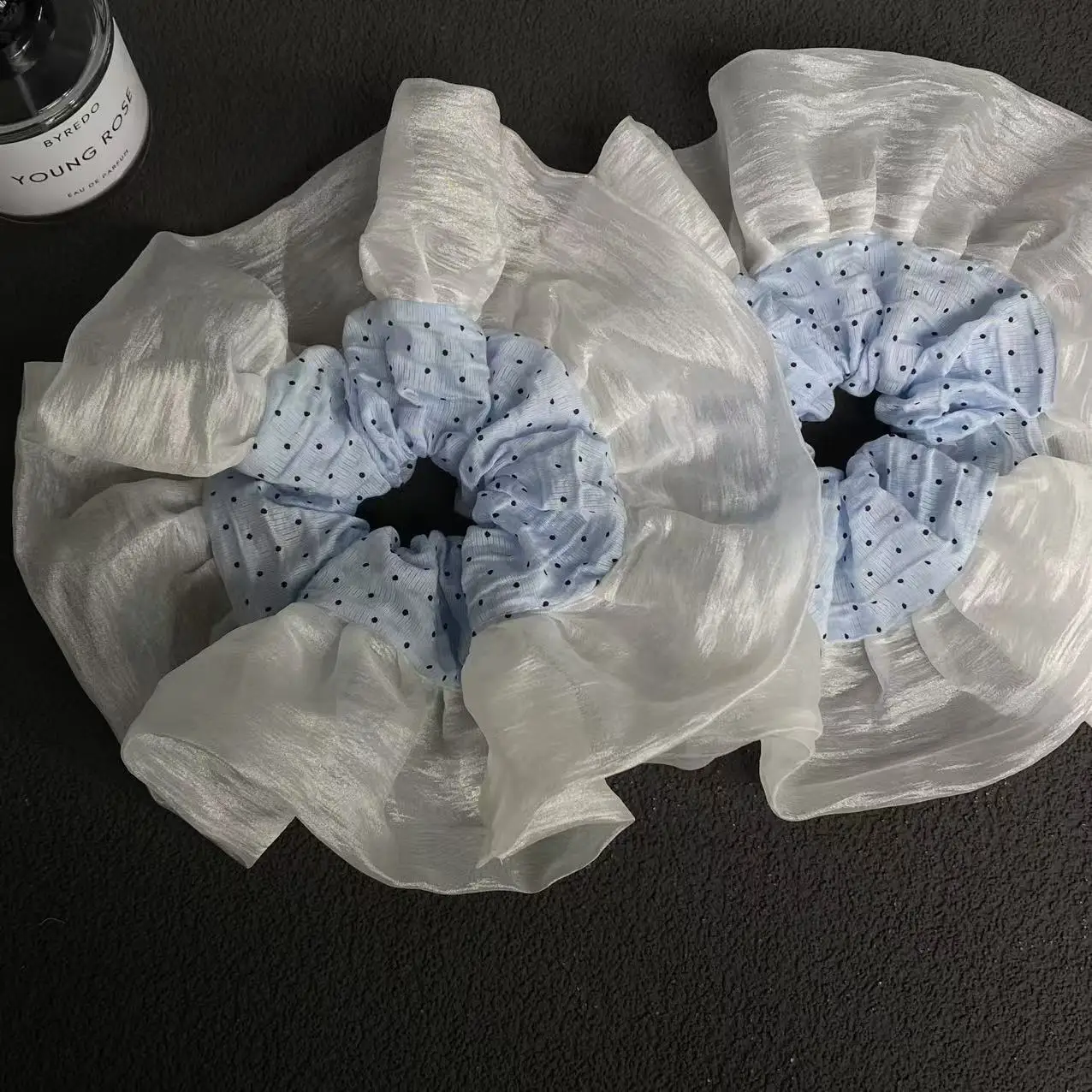 1PC Elegant Organza Hair Scrunchies With Blue Polka Dot Center, Romantic Hair Accessories For Women