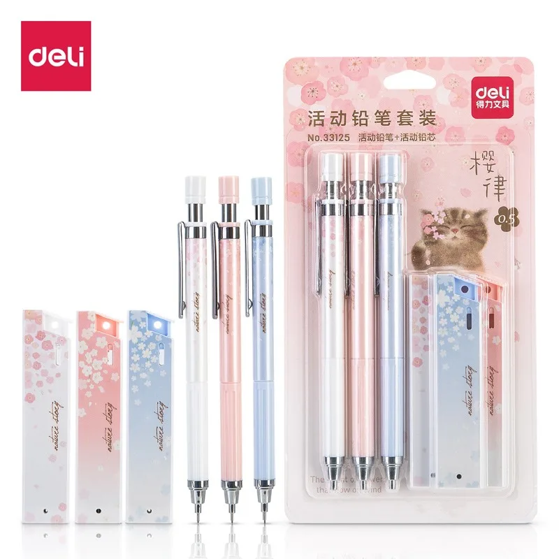 

Deli Mechanical Penil Set(3Pencil+3Box Lead)0.5MM HB Core Cherry Kids Students Automatic Pencil School Office Stationery Supplie