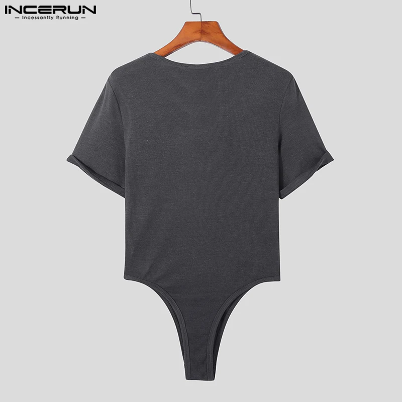 Men Bodysuits Solid Color V Neck Short Sleeve Pajamas Sexy Homewear Rompers Fashion Fitness Men Bodysuit INCERUN Plus Size