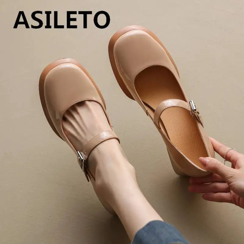 

ASILETO Brand Ladies Pumps Genuine Leather Round Toe Block Heels 5cm Buckle Strap Elegant Mary Jane Solid Office Shoes Spring