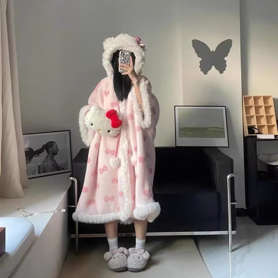 Kit  Coral Fce Thiened Women's Robe Spwear Autumn Winter Home Clothes Outerwear Dr unfen Cartoon Sle