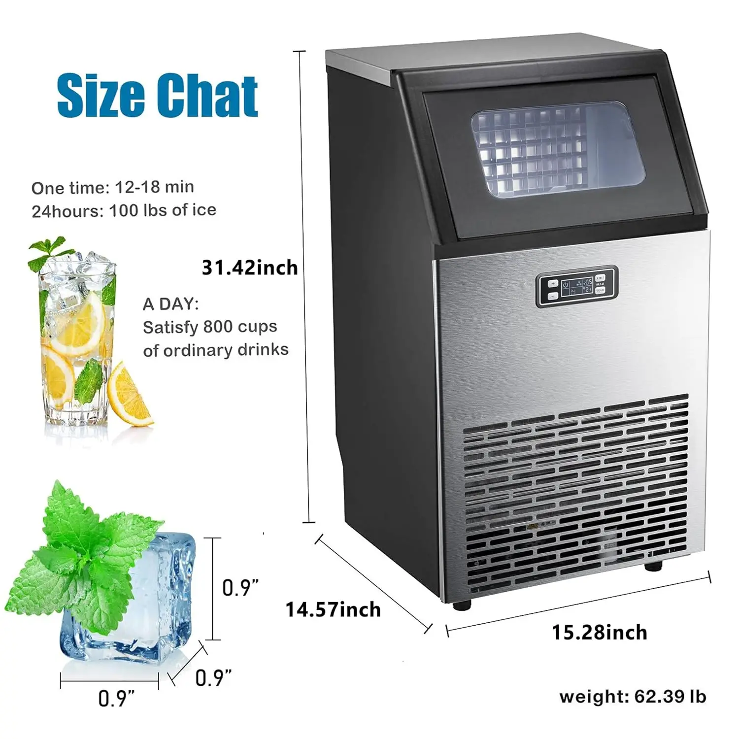Star Commercial Ice Makers Machine Stainless Steel Makers 100 Lbs of Ice Per 24H with 33 Pounds Storage Capacity Ice Cubes Frees 6