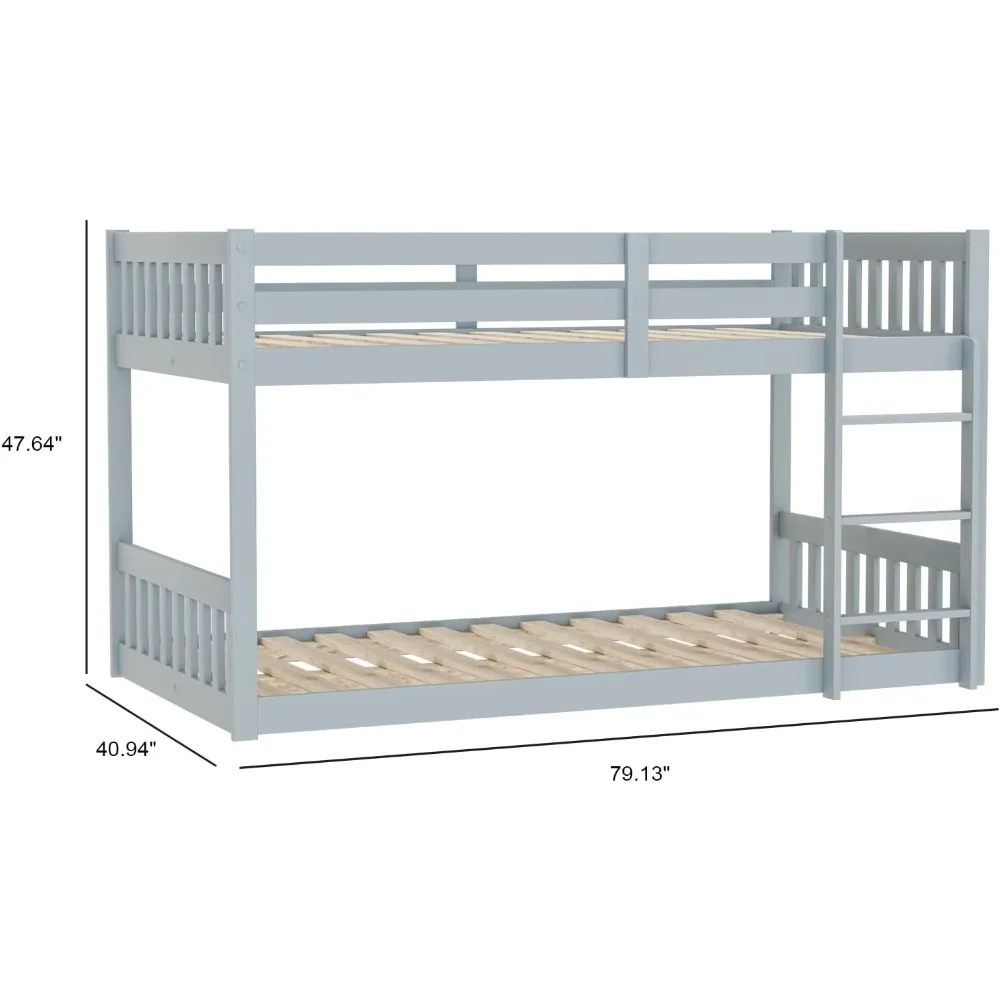 Children Beds, Twin Over Twin Bunk Bed for Kids Children Teens, Solid Wood Bunk Bed Frame with Ladder and Guard Rail Space 2