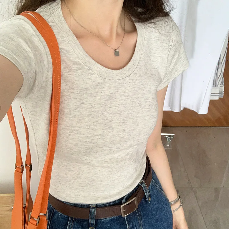 

Sweetly Styled Slim Fit Threaded T-shirt for Women Trendy Korean Summer Slim Fit Pure Cotton Low Round Neck Design Short Sleeved