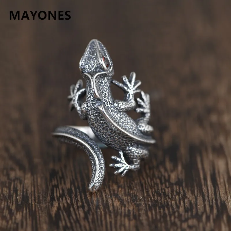 

MAYONES Real S925 Vintage Thai Silver Personalized Ring Fashion Set Jacinth Lizard Style Men's Ring Jewelry