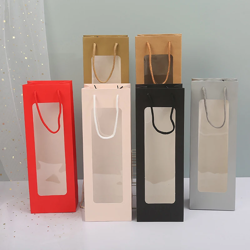 Single Bottle Kraft Paper Wine Gift Bag with Transparent PVC Window, Reusable Rectangul... - SKU KPWB2208 - UGI Packaging