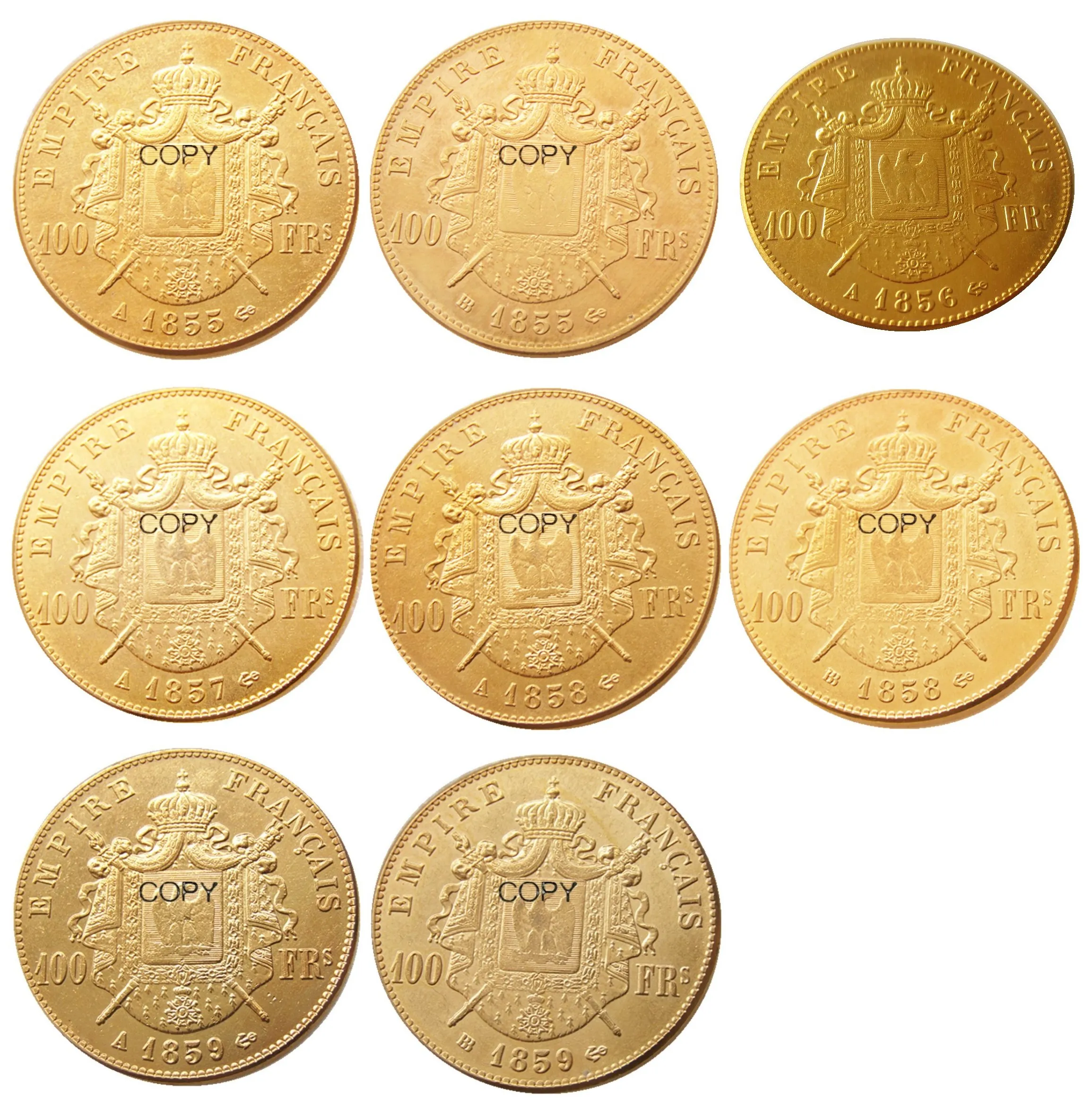 

Франция, 1855 - 1859 A B, 8 шт., позолоченные копии для декорирования монет Наполеона III в 100 франков