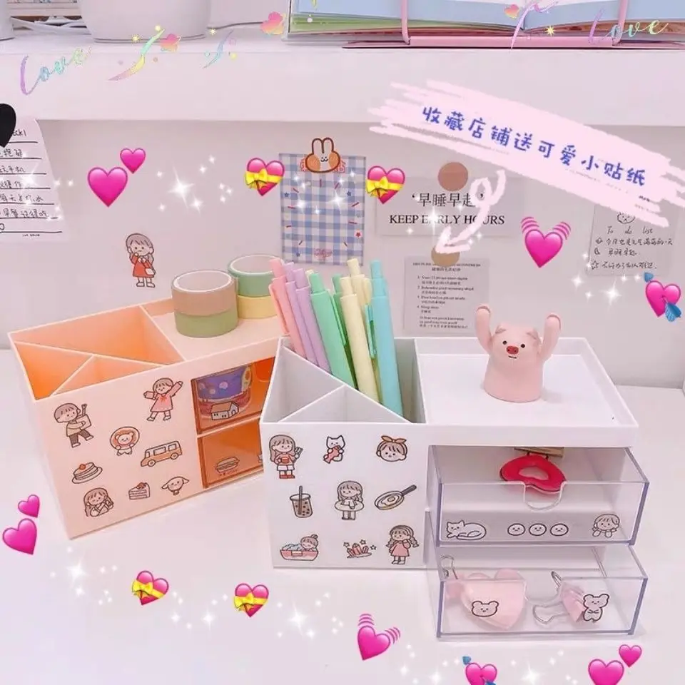

Ins Kawaii Deskpot Organizer Makeup Storage Box Multi-layer Container Drawer Cabinet Rack Send Sticker Home Decor 2022