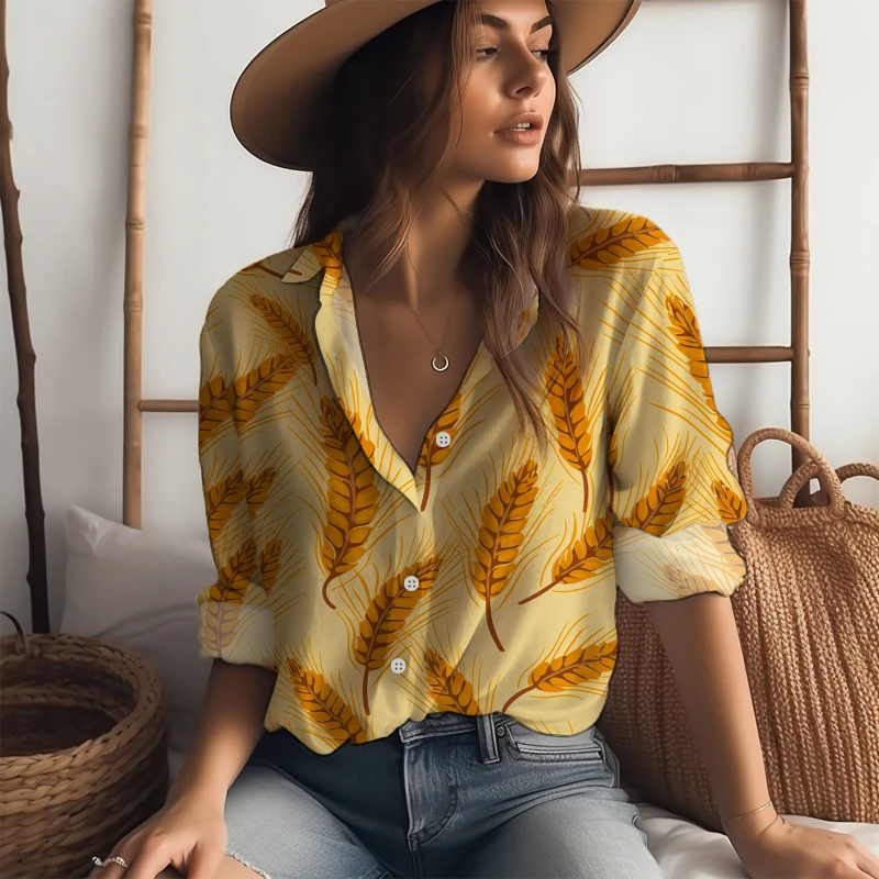 

Женские рубашки с 3D-принтом пшеницы, элегантная рубашка, модная рубашка на пуговицах, простая рубашка с длинными рукавами на весну и осень