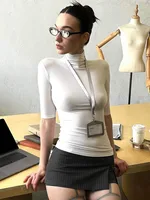 Haut à col roulé pour femmes, décontracté, confortable, demi-manches, à la mode, blanc, noir, vêtements de base, été 3
