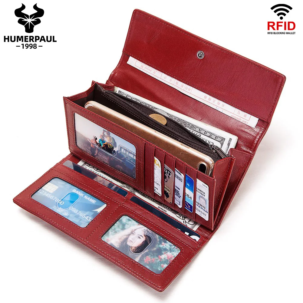 

HUMERPAUL Genuine Leahter Trifold Wallet for Coin Pocket Women Fashion Card Holder Organizer Clutch Large Capacity Phone Bag