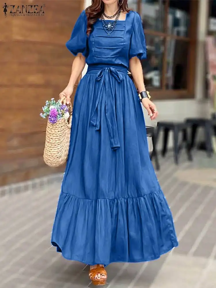 

2023 ZANZEA Fashion A Line Sundress Woman Elegant Party Dress Square Collar Puff Sleeve Dresses Summer Vintage Zipper Maxi Robe