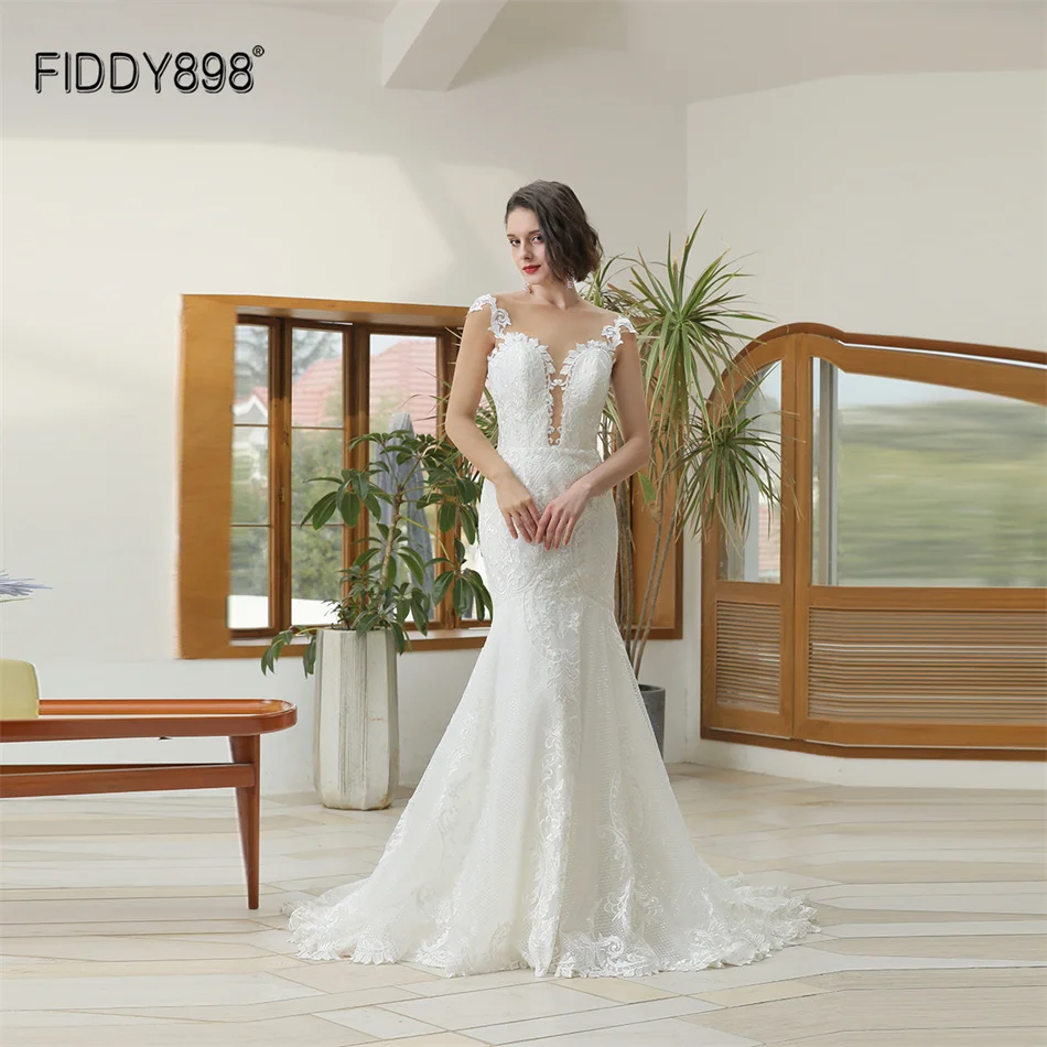 

FIDDY898 Lace Wedding Dress Spaghetti Strap Sweetheart vestido de novia Appliqued Mermaid Bride Dresses QW01108