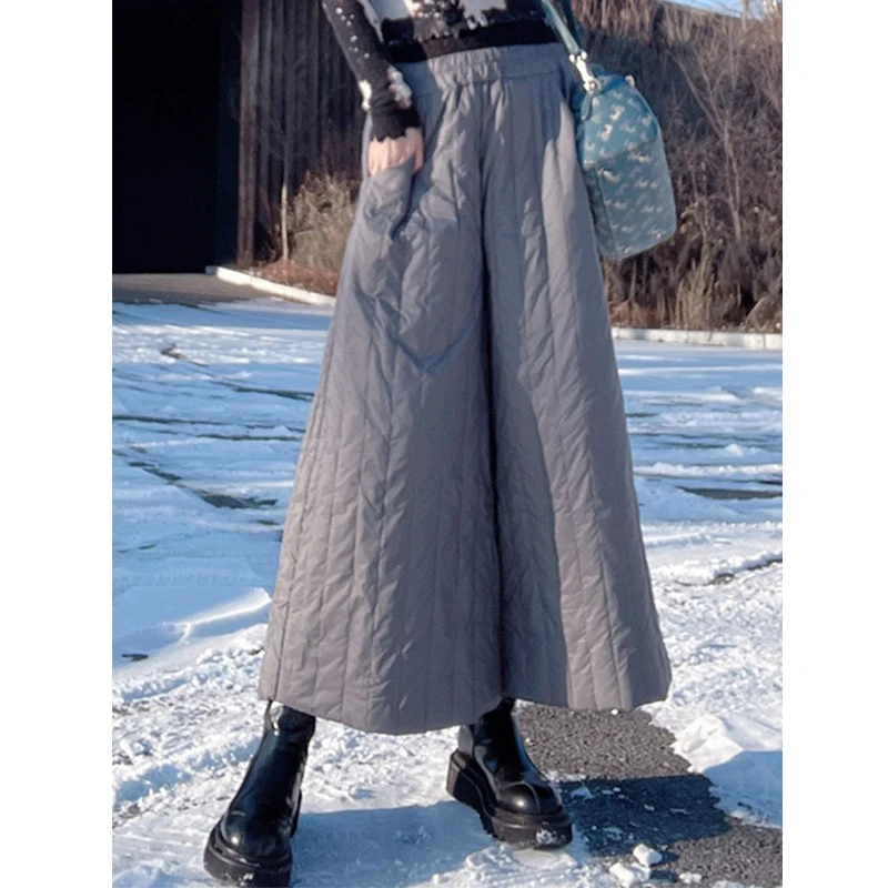 Women Winter Vintage Fashion Warm Down Cotton Quilted Wide Leg Pants Female High Waist Pocket Cropped Trousers Casual Pantalones