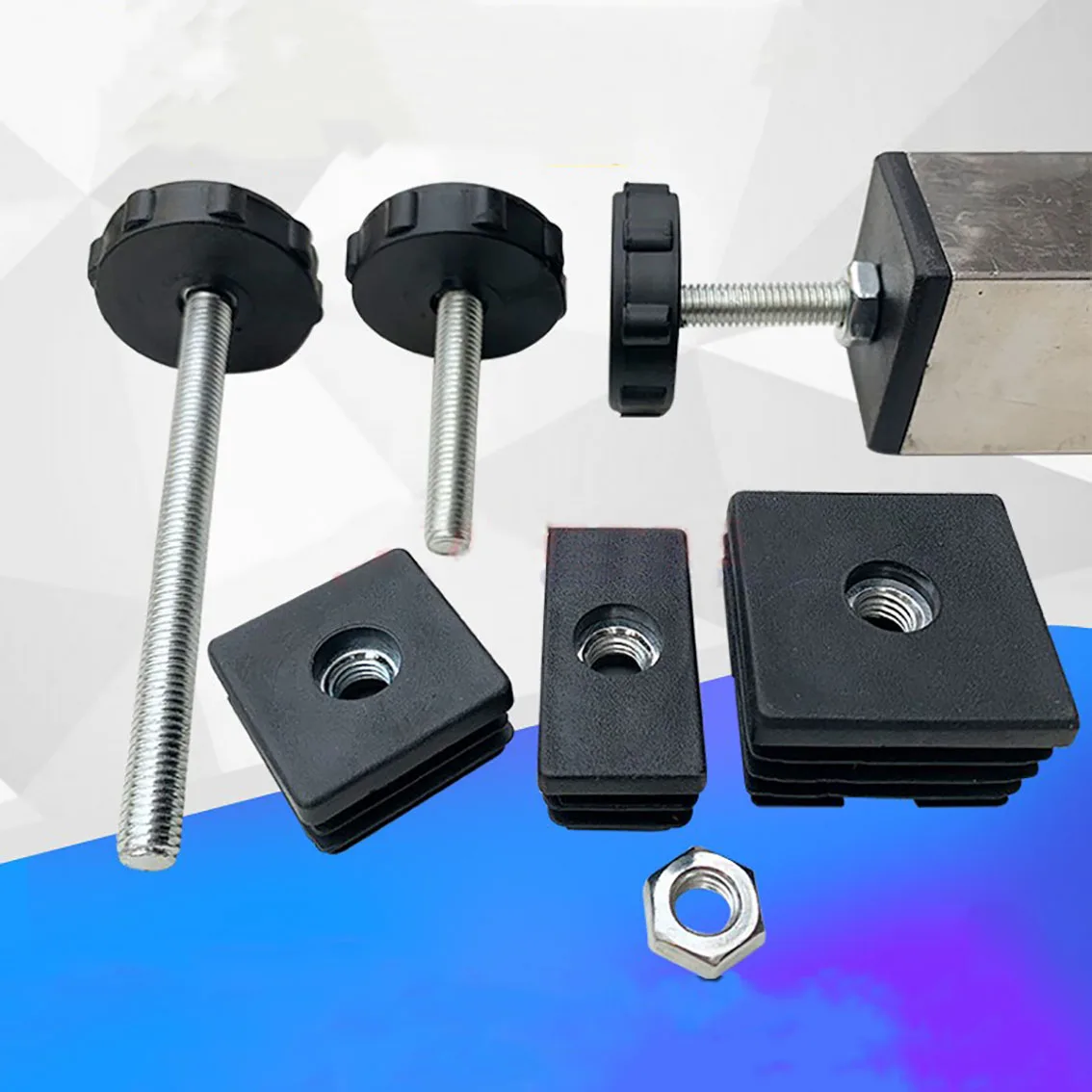 15Pcs M8*100 Black Square Adjustable Foot Mats With Nuts Pipe Plug